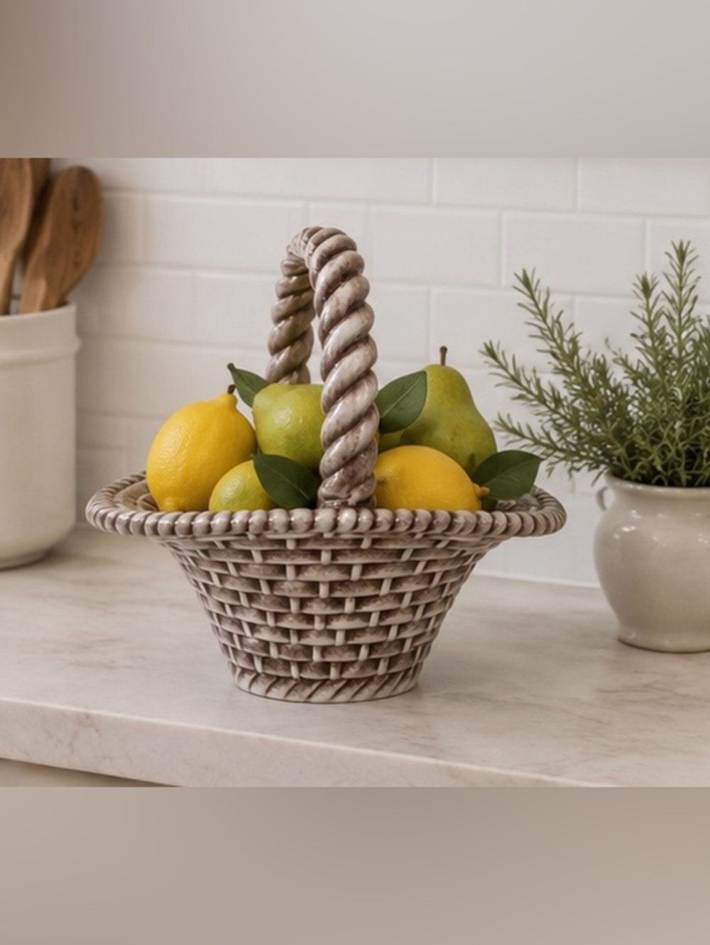 Vintage Woven Ceramic Basket with Twisted Handle - Brown White